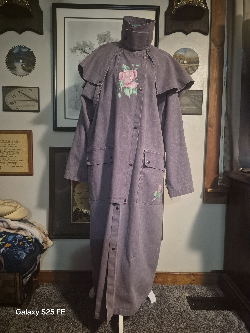 Vintage Custom Purple Painted Glitter Rose Duster Coat Outback Collection XL